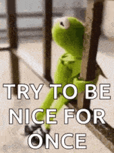 kermit the frog is sitting on a railing holding onto a railing and says `` try to be nice for once '' .
