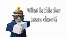 a cartoon character with a hamburger on his head and the words " what is this dev team about "