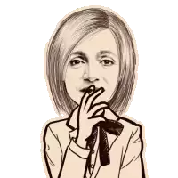 a black and white drawing of a woman covering her mouth with her hand