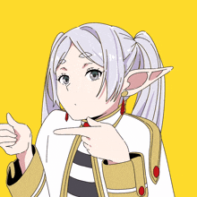 a drawing of a girl with a ponytail pointing at something