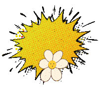 a comic book explosion with the word bisous and a flower with a face on it