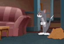 a cartoon cat is standing in a living room next to a couch and a pile of dust .