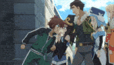 a group of anime characters are standing in front of a brick building