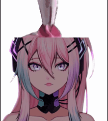 a close up of a girl 's face with pink hair and blue eyes