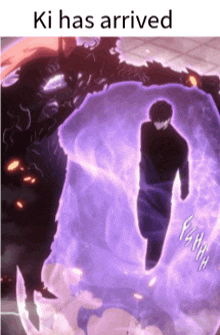 a man is walking through a purple portal with the words " ki has arrived " below him