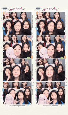 a group of girls are posing in a photo booth with the words love recipe on the bottom