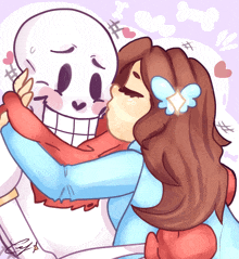 a drawing of a girl hugging a skeleton with the letters lm on the bottom right