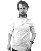 a man in a white shirt is making a fist gesture