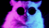 a cat wearing sunglasses is glowing in the dark and looking at the camera .