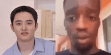 a man in a blue shirt is next to a man with a beard .
