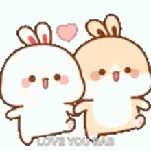 a couple of cartoon rabbits holding hands with a heart in the background .