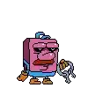 a pixel art drawing of a pink suitcase with a mustache and sunglasses holding a key .