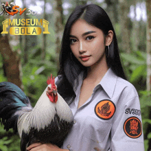 a woman is holding a rooster in front of a museum bola logo