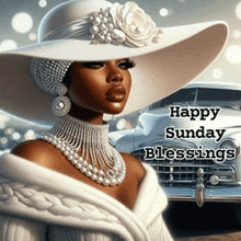 a woman wearing a white hat and pearls with the words happy sunday blessings written below her