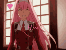 a picture of a girl with pink hair and the word hi on it