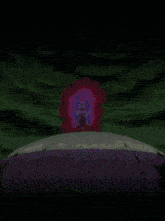 a cartoon character is standing in front of a green and purple sphere