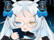 a girl with white hair and glasses holds a cell phone