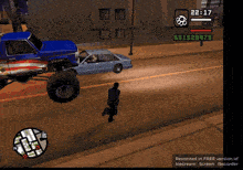 a video game screen shows a monster truck driving down the street at 22:17