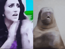 a picture of a woman next to a picture of a statue