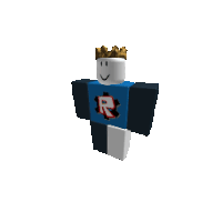 a roblox character is wearing a crown and a blue shirt with the letter r on it