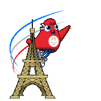 a mascot for the paris olympics is flying over the eiffel tower