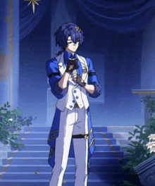 a man in a blue and white suit is standing on a set of blue stairs