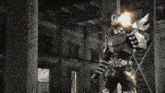 a man in a knight 's armor is holding a sword with a flame coming out of it .
