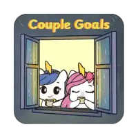 a couple of unicorns looking out of a window with the words couple goals above them