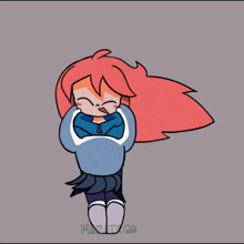 a cartoon of a girl with red hair holding a helmet with horns and the word micare on the bottom