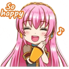 a sticker of a girl with pink hair saying `` so happy ''