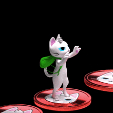 a white cat with a backpack is jumping over some red coins with a cat face on them
