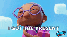 a cartoon character is holding a gift box and says i got the present