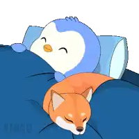 a penguin is sleeping next to a fox on a bed with the word pengu on the bottom