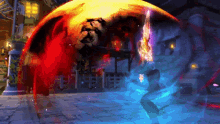 a video game scene with a person holding a sword in front of a large ball of fire