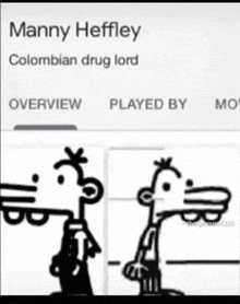 a black and white drawing of manny heffley playing a colombian drug lord