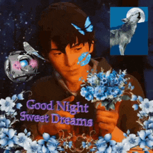 a man is holding a bouquet of blue flowers with the words good night sweet dreams on the bottom