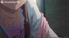 a crunchyroll advertisement with a girl in a pink and blue dress