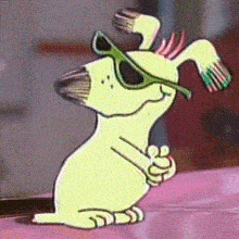 a cartoon dog wearing sunglasses and a mohawk stands on a pink surface