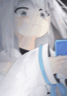 a girl with white hair and blue eyes is looking at a cell phone