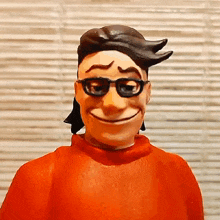 a close up of a cartoon character wearing glasses and a red shirt
