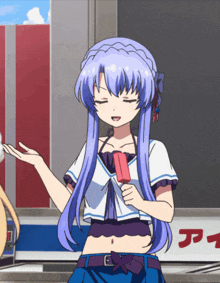 a girl with long blue hair is holding a popsicle in front of a sign that says a1