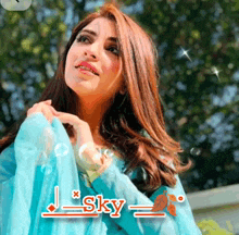 a woman in a blue dress has the name sky written above her