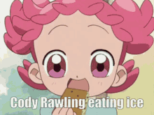a cartoon girl with pink hair is eating ice cream