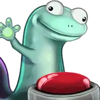 a cartoon lizard is standing next to a button