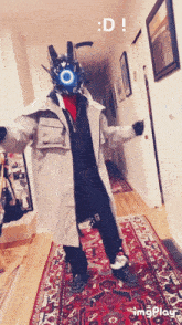 a person in a robot costume is standing in a hallway with the words :d ! behind them