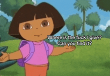 dora the explorer is standing in a field with her arms outstretched and a backpack on her back .
