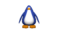 a blue and white penguin with orange feet is dancing