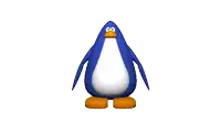 a blue and white penguin with orange feet is dancing
