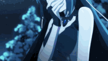 a girl with blue hair and a necklace with a blue stone