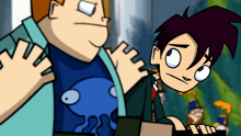 a cartoon character with a blue octopus on his shirt is standing next to another character